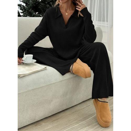 Kadın Uzun Kollu V Yakalı şardonlu Kaşkorse Bluz Ve Pantolon Ikili Takım