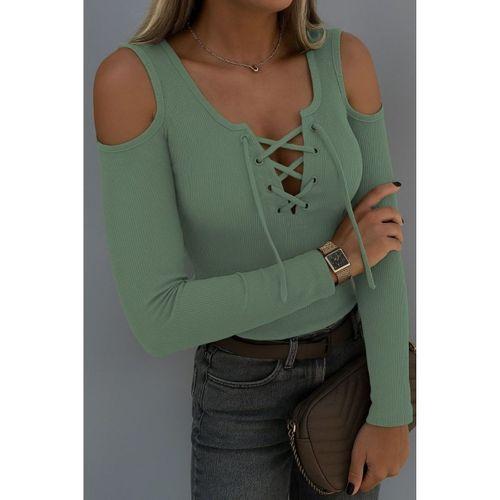 Kadın Omuzlardan Açık Uzun Kollu Bağcıklı Kaşkorse Bluz