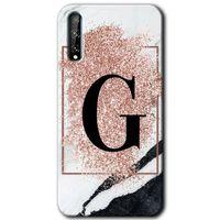 Huawei Y8P Kılıf HD Desen Baskılı Arka Kapak - Pembe Mermer Desenli G Harfi + Kırılmaz Cam