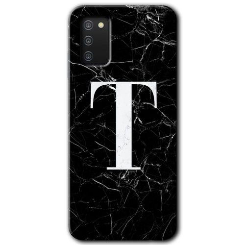 Galaxy A03s Kılıf HD Desen Baskılı Arka Kapak - Siyah Mermer Desenli T Harfi + Kırılmaz Cam