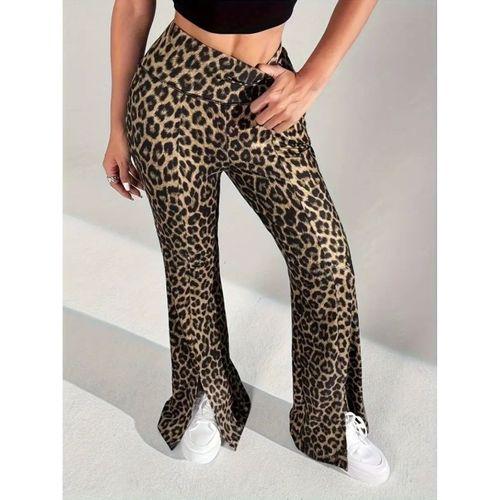 Kadın Yüksek Bel Leopar Desenli Yırtmaçlı Dalgıç Tayt