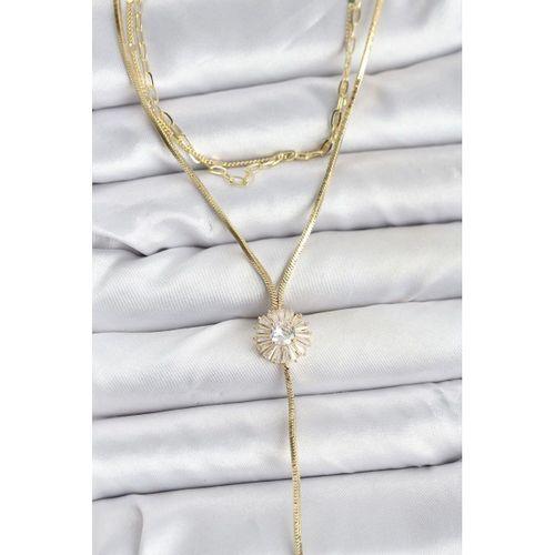 Pirinç Gold Renk Zirkon Taşlı Papatya Model Detaylı 3'lü Kombin Y Kadın Kolye