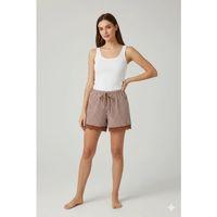 Çizgili Penye Kadın Ev Şortu Bacak Dantel Detaylı Ev Giyim Kahverengi
