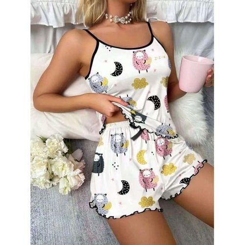 Beyaz Üstüne Desenli İnce Askılı Şortlu Pijama Takımı