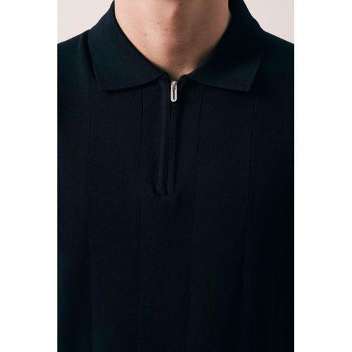 Ritchie Fermuarlı Polo Yaka Dikey Çizgili Kısa Kollu İnce Triko Erkek T-Shirt - Siyah