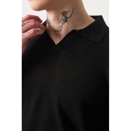 Örme Desenli Viskon Polo Yaka Triko Erkek T-Shirt - Siyah