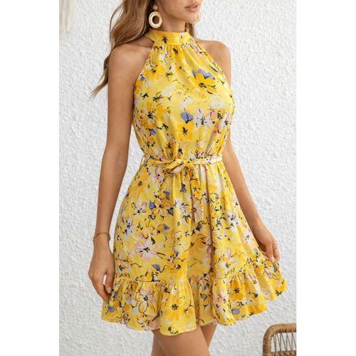 Kadın Omuzlardan Açık Balıkçı Yakalı Kuşaklı Desenli Kısa Süprem Elbise