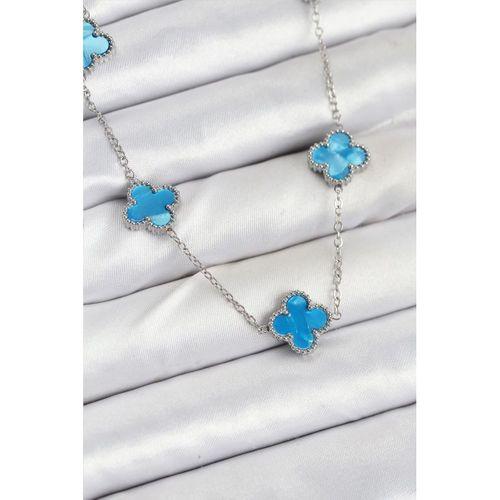 316L Çelik Zincir Gümüş Buz Mavisi Renk Yonca Kadın Kolye