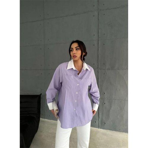 KOL VE MANŞET BEYAZ KAPALI PİLE DETAYLI GÖMLEK - Lila