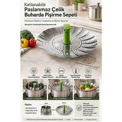Katlanabilir Buharda Pişirme Sepeti 18/10 304 Paslanmaz Çelik Haşlama Aparatı Ayaklı Yanmaz Saplı Süzgeç 723468