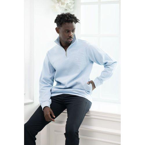 Regular Fit Fermuarlı Dik Yaka Pamuklu Selanik Kumaş Yan Cepli Kazak