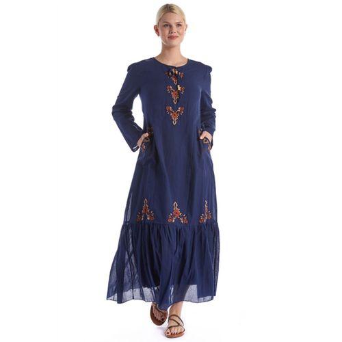 Uzun Kol Lacivert Nakış Detaylı Bağcık Yaka Cepli Vual Uzun Elbise