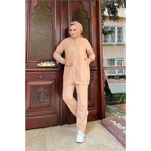 Çıtçıtlı Yandan Cepli İkili Sade Basic Eşofman Spor Takımı - 12009.026 - Bej