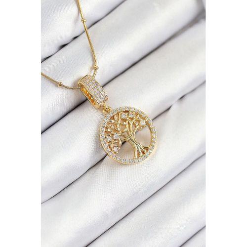 316L Çelik Zirkon Taşlı Hayat Ağacı Model Gold Renk Kadın Kolye
