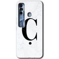 Tecno Spark 7 Pro Kılıf HD Desen Baskılı Arka Kapak+Temperli Cam - Beyaz Mermer Desenli Ç Harfi