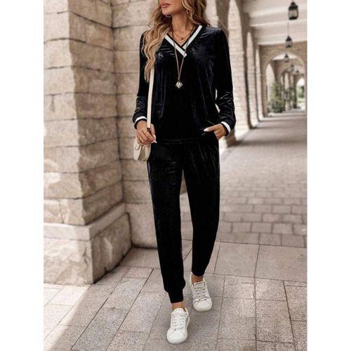Kadın Uzun Kollu V Yaka Kadife Bluz Ve Pantolon Ikili Takım