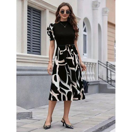 Kadın Kısa Kollu Yarı Balıkçı Yaka üst Viskon Alt Desenli Dokuma Midi Elbise