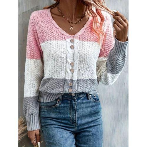 Kadın Uzun Kollu V Yakalı önden Düğmeli çok Renkli Bluz