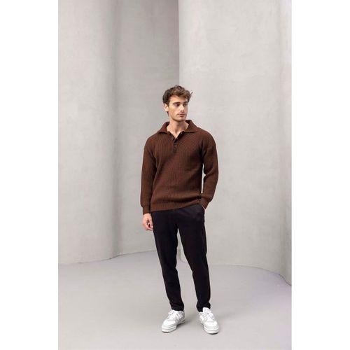 4 Düğmeli Yarım Pat Polo Yaka Kazak Kahve - Bezayağı Kumaş Pantolon Siyah