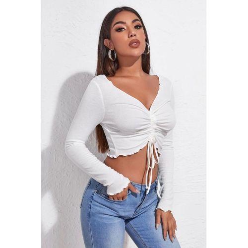 Kadın Beyaz Uzun Kol Drapeli Bağcık Detaylı Crop Top Bluz