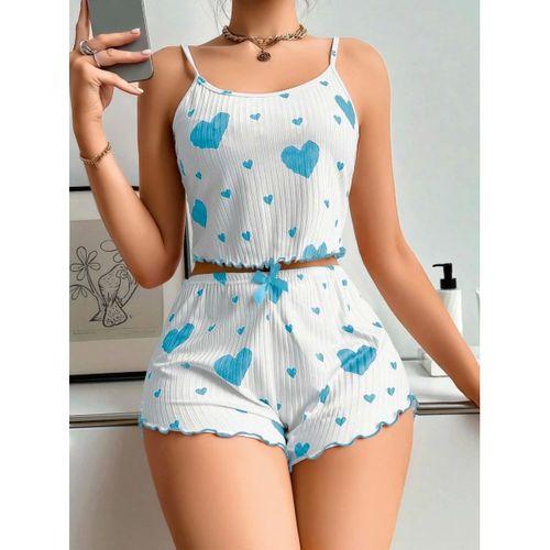 Kadın Beyaz Mavi Kalp Desenli Askılı Şortlu Pijama Takımı Rahat Şık 2’li Set