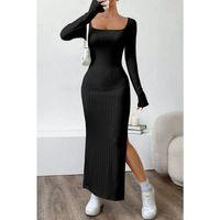 Kadın Trend U Yaka Yırtmaçlı Uzun Kol Kalın Fitili Elbise