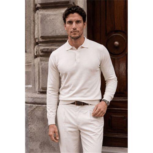 Portofino Premium Düğmeli Polo Yaka İnce Erkek Triko Kazak - Kırık Beyaz