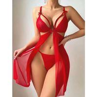 Kırmızı Göğüs İp Detaylı Dantel İşlemeli Tül Gecelik