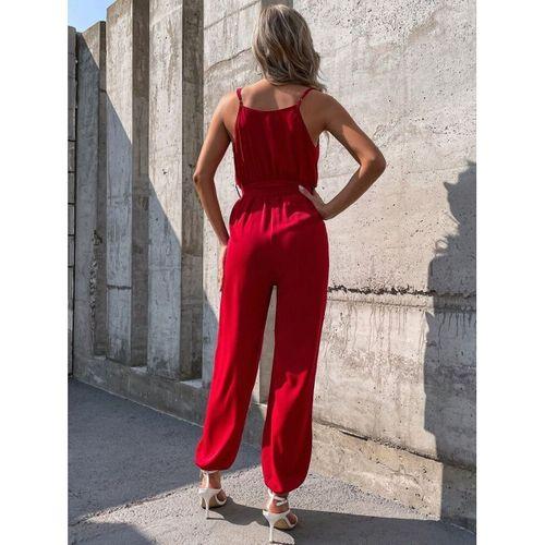 Kadın Ip Askılı Kruvaze Yakalı Belden Kuşaklı Uzun Sandy Tulum