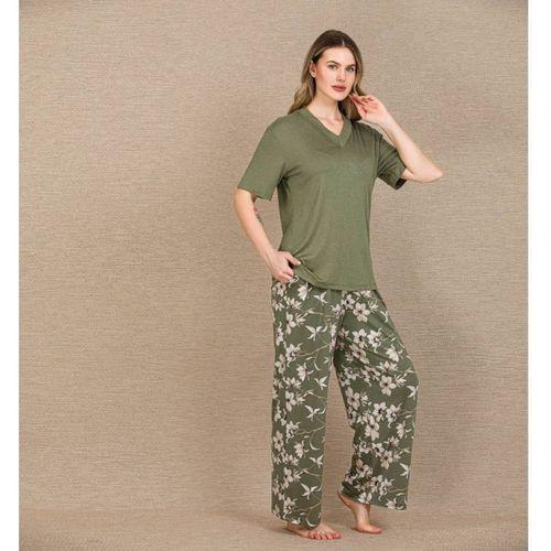 Şık Tasarım Çiçek Desenli Yeşil Kısa Kol Viskon Pijama Takımı
