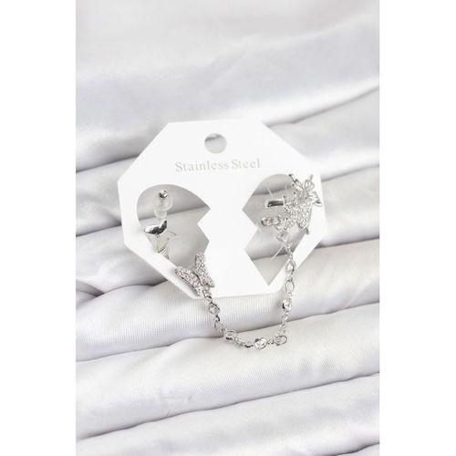 Pirinç Gümüş Renk Kelebek Model Zincir Bağlantılı Ear Cuff Küpe Seti