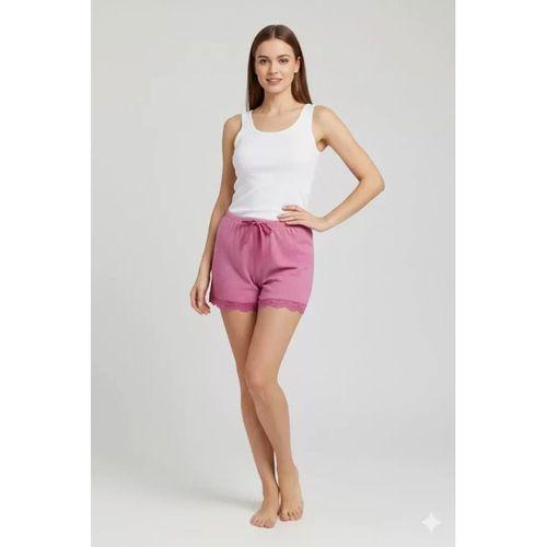 Bambu Fitilli Kadın Ev Şortu Bacak Dantel Detaylı Ev Giyim Fuşya
