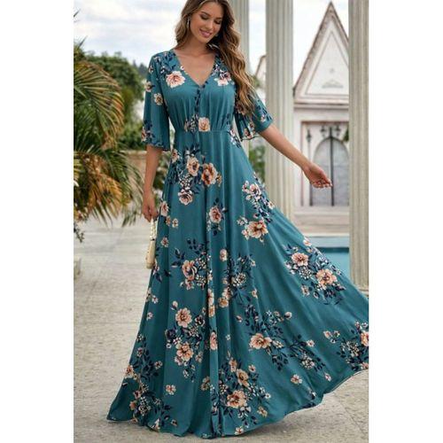 Kadın Kısa Kollu V Yakalı Desenli Süprem Elbise