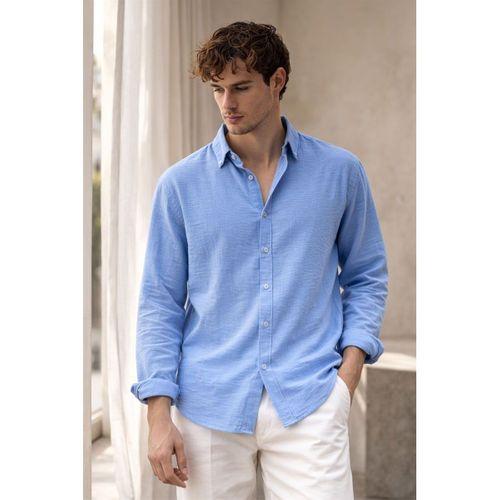 Pera Kumaş Keten Görünümlü Yarım Oversize Uzun kollu Erkek Gömlek - Açık Mavi