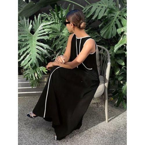 Kadın Omuzlardan Açık Yaka Ince şerit Detaylı Uzun Viskon Elbise