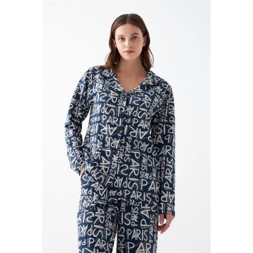 Kadın Lacivert “paris” Yazı Desenli Düğmeli Pamuklu Pijama Takımı