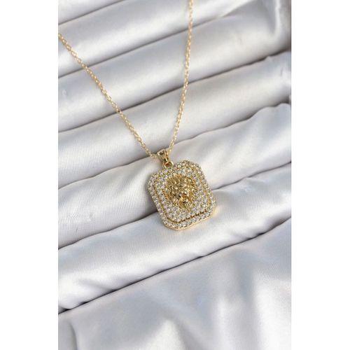 316L Çelik Zincir Gold Aslan Madalyon Model Zirkon Taşlı Kadın Kolye