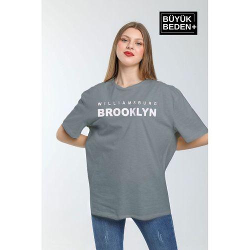 Kadın Büyük Beden Willams.Brooklyn Baskılı Bisiklet Yaka Tshırt SPR25BTSK15