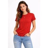 Flam Kumaş Melanj Dokulu Regular Fit Tişört Bisiklet Yaka Yazlık T-Shirt - Kiremit