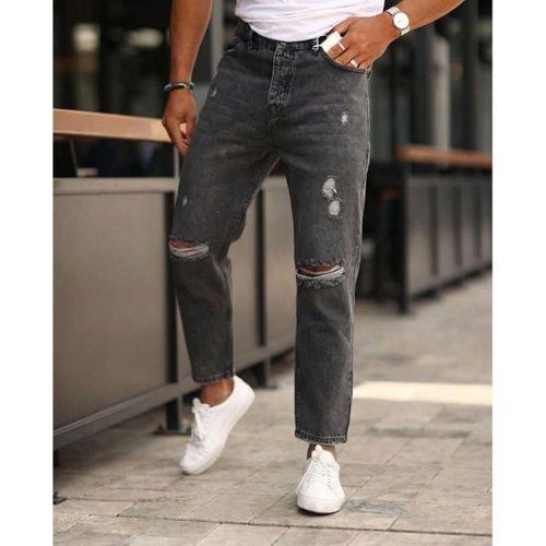Erkek Koyu Gri Yırtık Detaylı Boyfriend Jean
