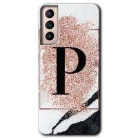 Samsung Galaxy S21 Kılıf HD Desen Baskılı Arka Kapak - Pembe Mermer Desenli P Harfi