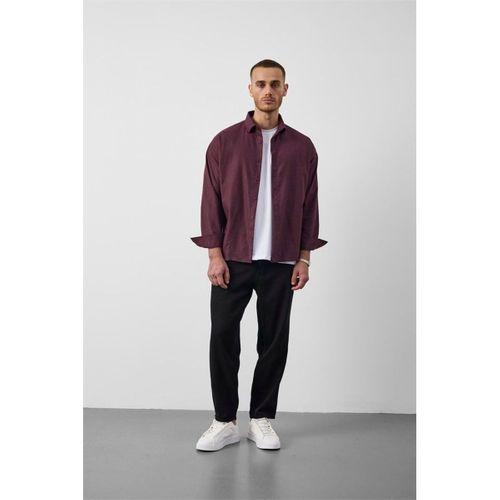 Pixel Relaxed Fit Pamuklu Mikro Çizgili Flanel Erkek Gömlek - Bordo