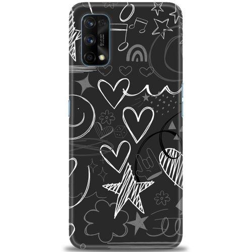Realme 7 Pro Kılıf HD Baskılı Kılıf - Siyah Kalp ve Notalar + Tam Ekran Koruyucu