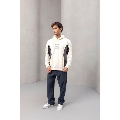 Frank Parçalı Kontrast Desenli Kapüşonlu Oversize Cepli Polar Erkek Sweatshirt - Ekru