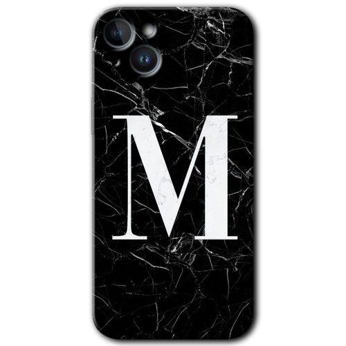 iPhone 14 Plus HD Baskılı Kılıf + 9D Tam Ekran Koruyucu - Siyah Mermer Desenli M Harfi