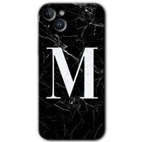 iPhone 14 Plus HD Baskılı Kılıf + 9D Tam Ekran Koruyucu - Siyah Mermer Desenli M Harfi
