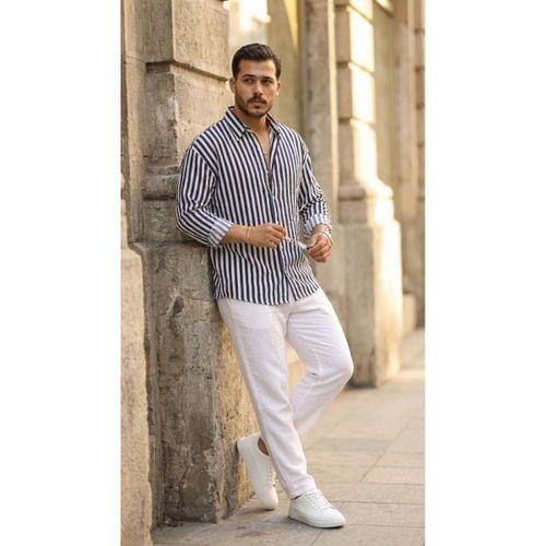 Erkek Dikey Çizgili Yarım Oversize Gömlek