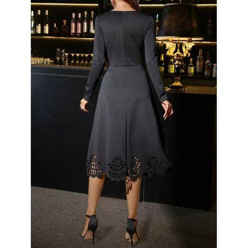 Kadın Uzun Kollu V Yakalı Lazer Kesim Detaylı Midi Ithal Krep Elbise