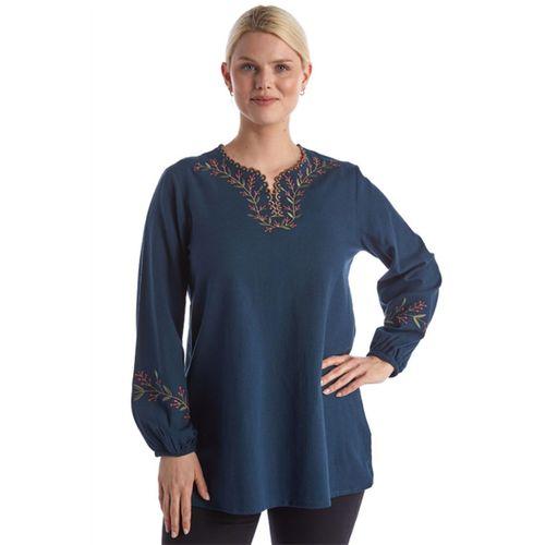 Şile Bezi Uzun Kol Petrol Mavi Nakış Detaylı V Yaka Yazlık Otantik Bluz
