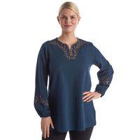 Şile Bezi Uzun Kol Petrol Mavi Nakış Detaylı V Yaka Yazlık Otantik Bluz